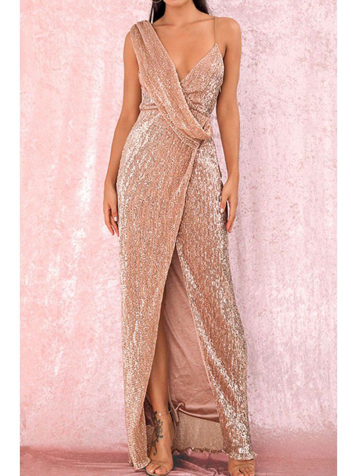 New Spring/Summer Banquet Design Sense One Shoulder Sequin Gold Heavy Industry Evening Dress Women's Fishtail Dress 