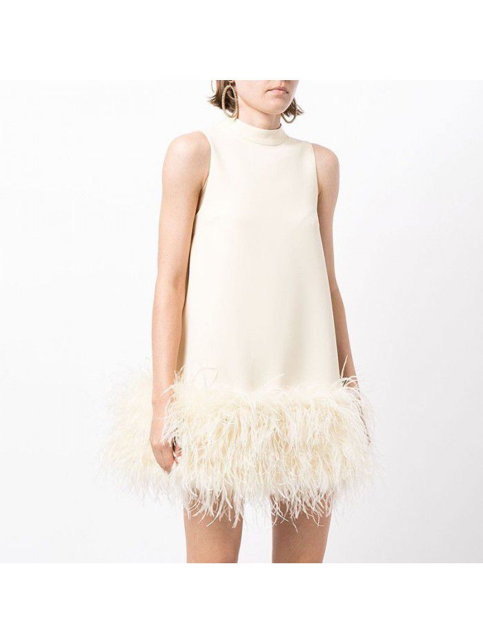 Autumn niche design feeling half high collar sleeveless solid color straight tube dress 
