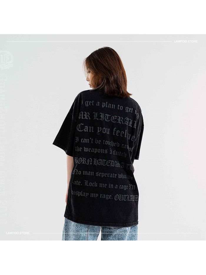 Text Printing Small Neckline Drop Shoulder Loose Fit Couple T-shirt Trend 