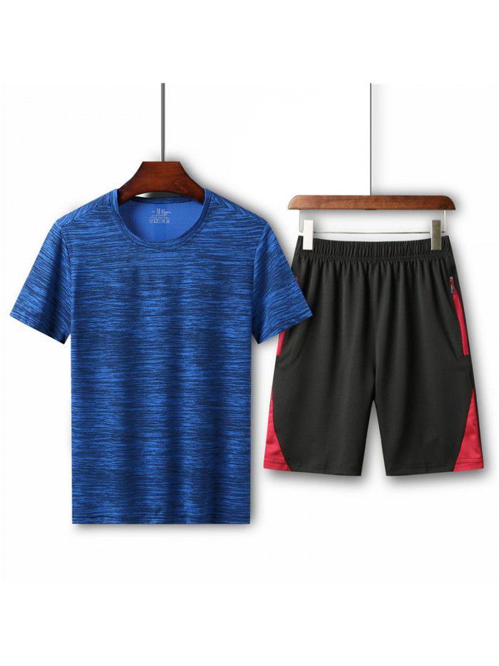 Summer men's loose fitting T-shirt running casual short sleeved round neck quick drying shorts sports set