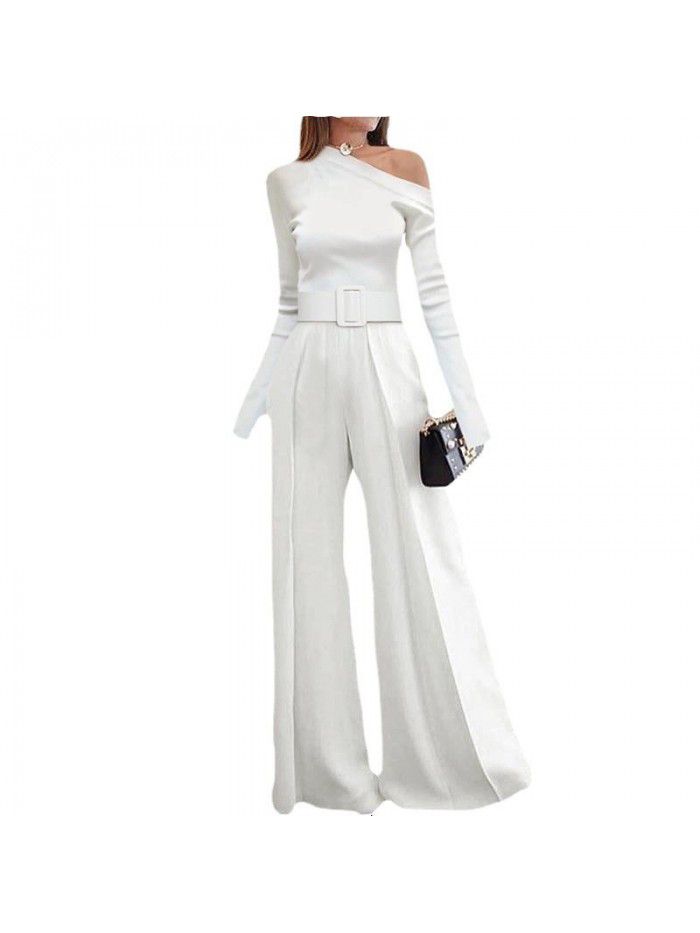 New Women's Long Sleeve Slim Fit One Shoulder Sexy Casual Lace Up Wide Leg Pants 