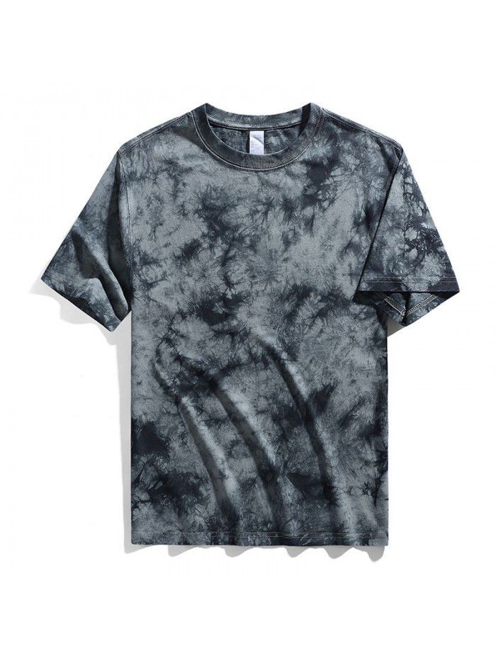 Men's tie dyed t-shirt, shoulder length, pure cotton loose short sleeved men's heavy duty t-shirt, round neck, trendy brand top