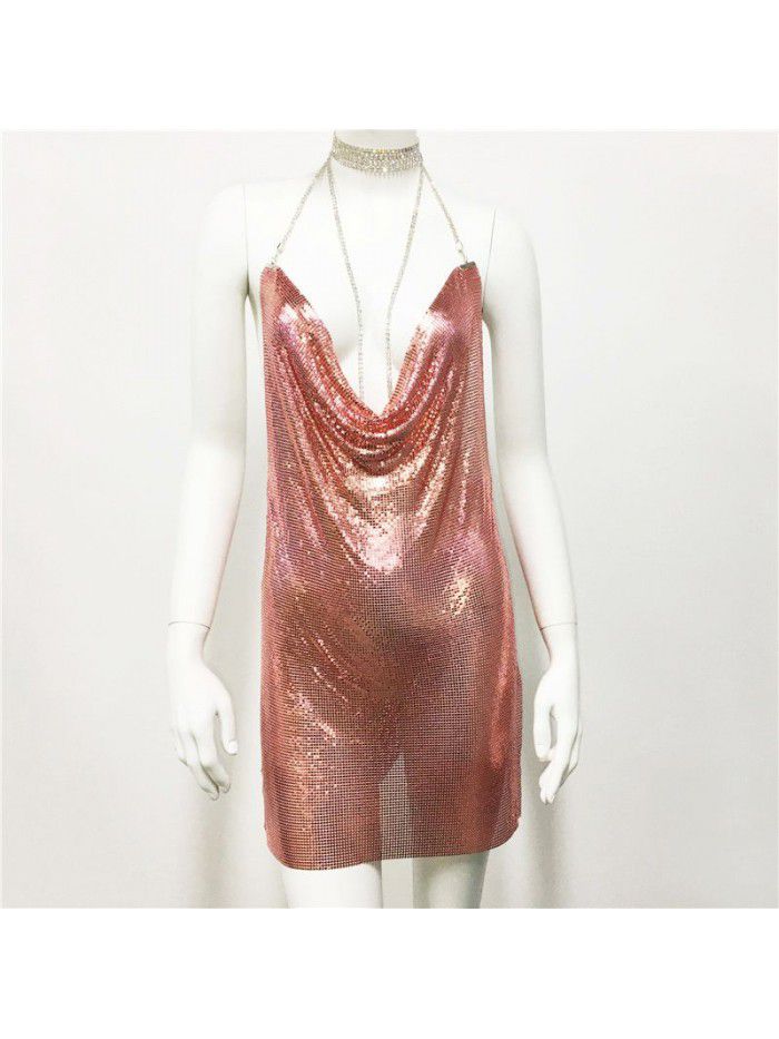 Women's Metal Sequin Dress Sexy Sweet Spicy Style Dress Water Diamond Sling Dress Women 