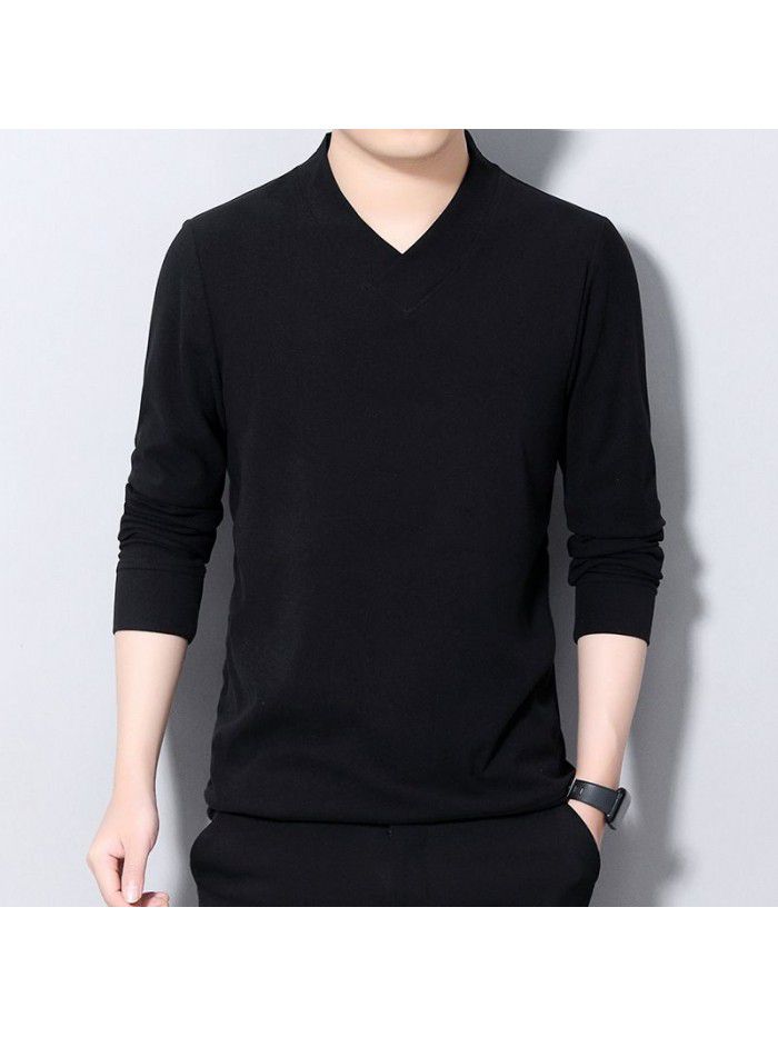 Men's double-sided velvet T-shirt, men's sweater, long sleeved V-neck, large size base coat, spring and autumn new solid color matte top 