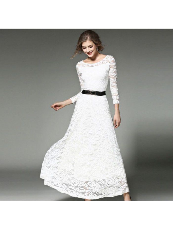 Autumn New Women's Dress Long Sleeve Slim Fit Solid Color Hooked Flower Hollow Lace Dress 