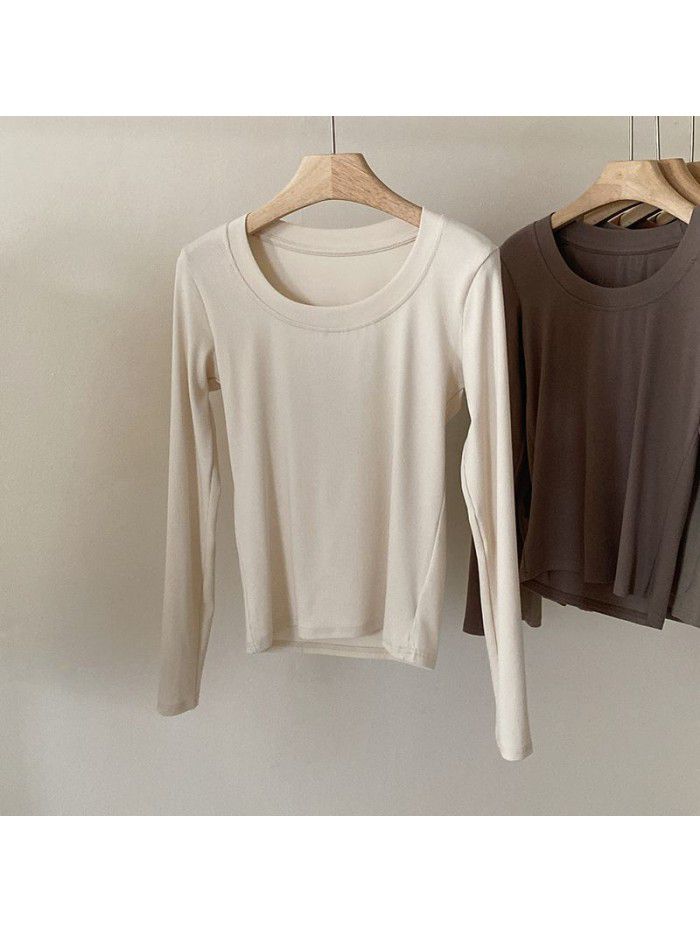 Practical and minimalist round neck long sleeved t-shirt for women's basic versatile slim fitting top 