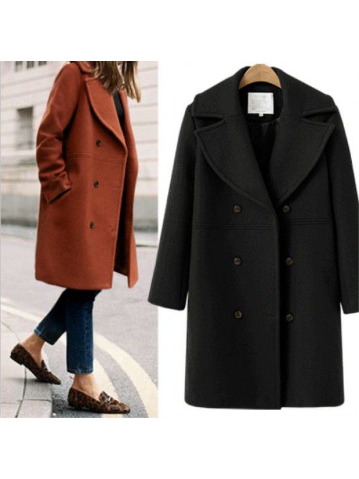 Autumn and winter women's woolen coat, women's double breasted medium length windbreaker, woolen coat