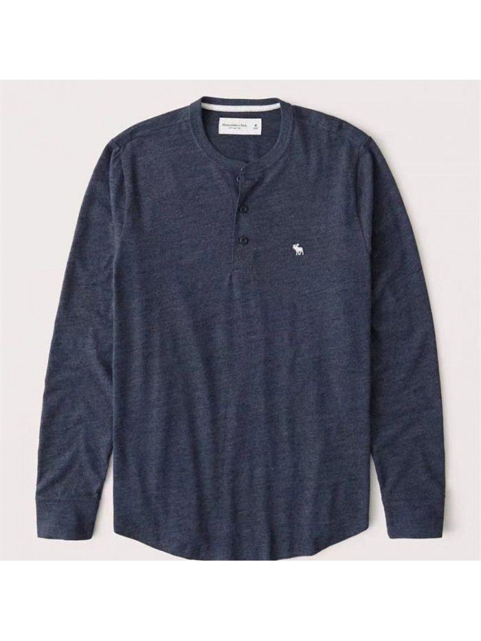 Spring and Autumn Men's Long Sleeve T-shirt with Henry Neck Cotton Slim Fit American Casual Bottom Youth Top 