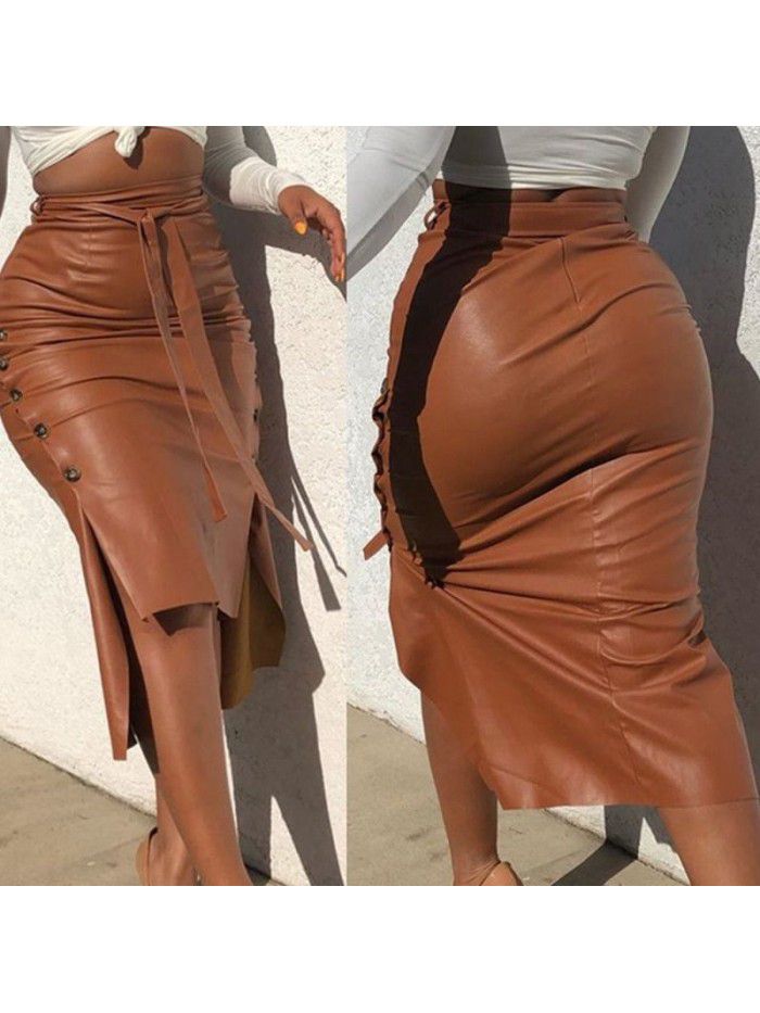 Women's Hot Sale Split Slim Fit Mid Length Wrapped Hip Skirt PU Skirt 