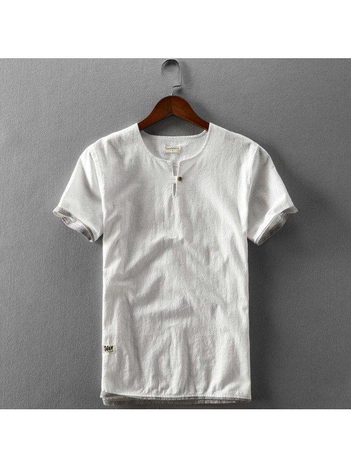 Summer New Men's Linen T-shirt Casual Wash Round Neck Cotton Linen Short Sleeve T-shirt 