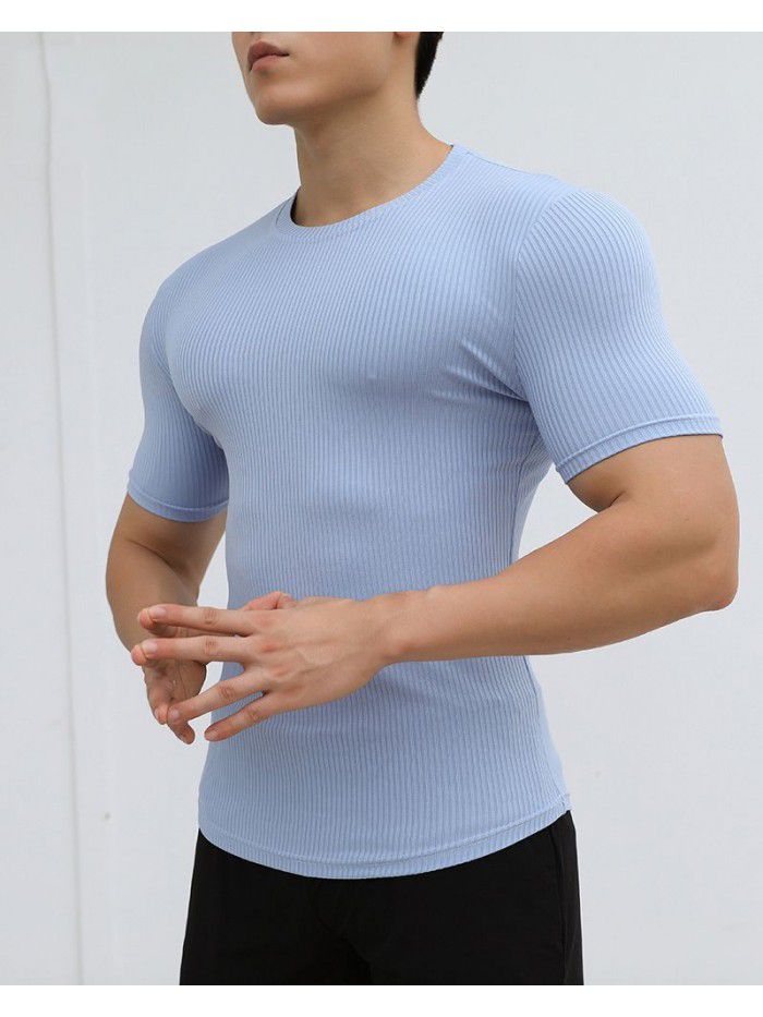 Sports Short Sleeve Men's Summer Solid Stripe Fitness Training Casual High Elastic Fit T-shirt Top 