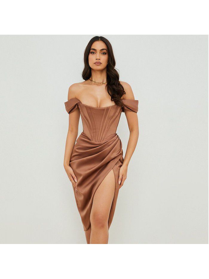 Women's New Product Shoulder Blaster, Fish Bone Slim Fit, Split Solid Color, Foreign Trade Fashion, Sexy European and American Dress 