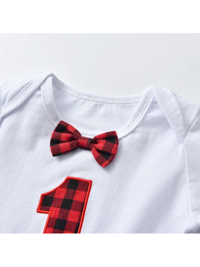 Baby Boys Fall Long Sleeve T-shirt Strap Pants Boys Set Gentleman Bowtie Cotton Creeper 