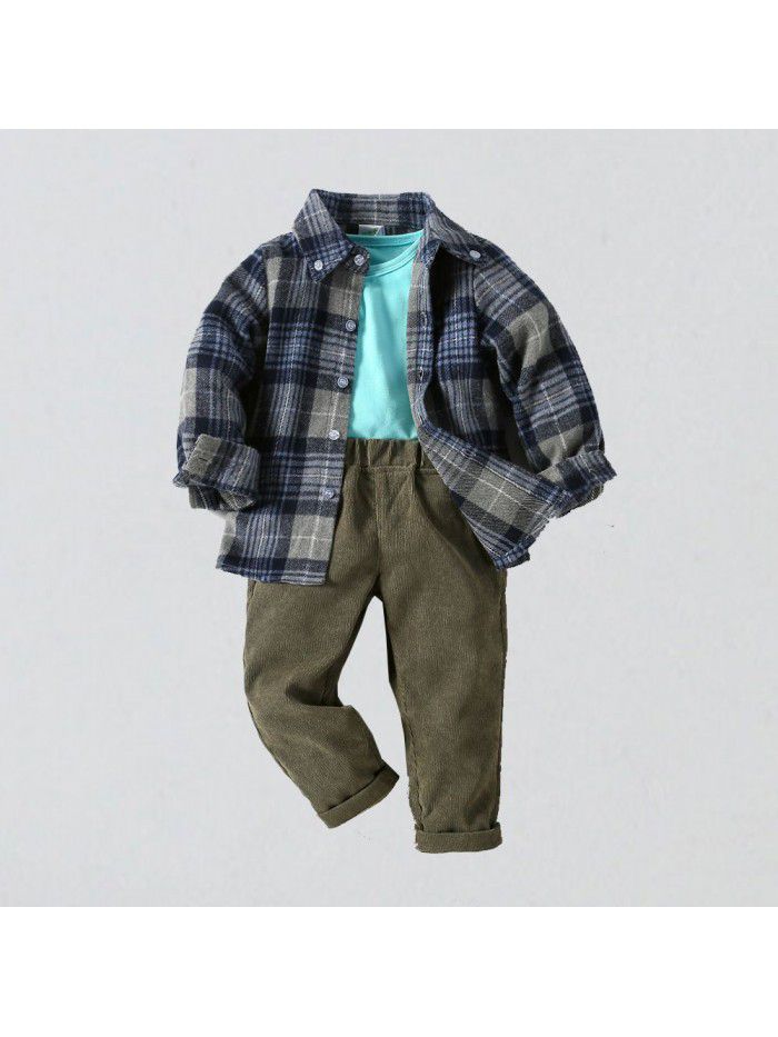 Boys' plaid shirt outerwear knitted T-shirt corduroy pants 3-piece set for children 