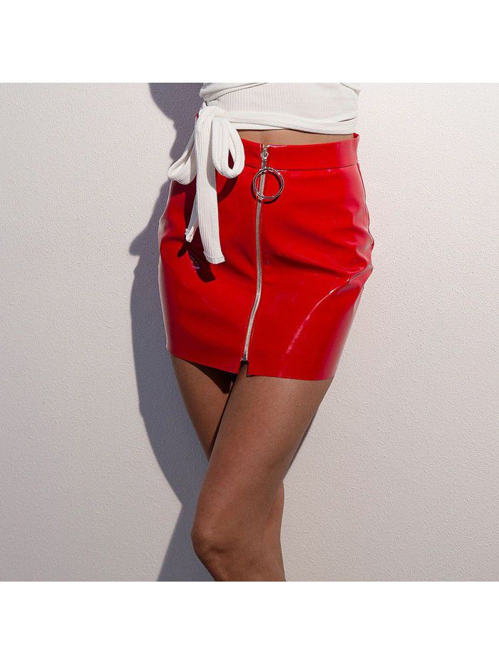 Circular Zipper Skirt High Quality Shiny Leather PU Slim Fit Skirt 