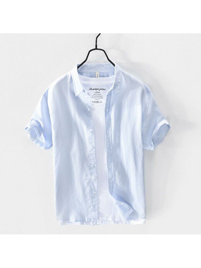 Summer casual simple cotton linen short sleeved men's shirt refreshing and fashionable men's shirt 