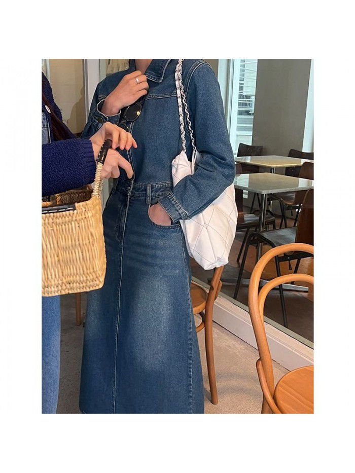 Retro waistband denim dress for women's classic slimming A-line long skirt trend 