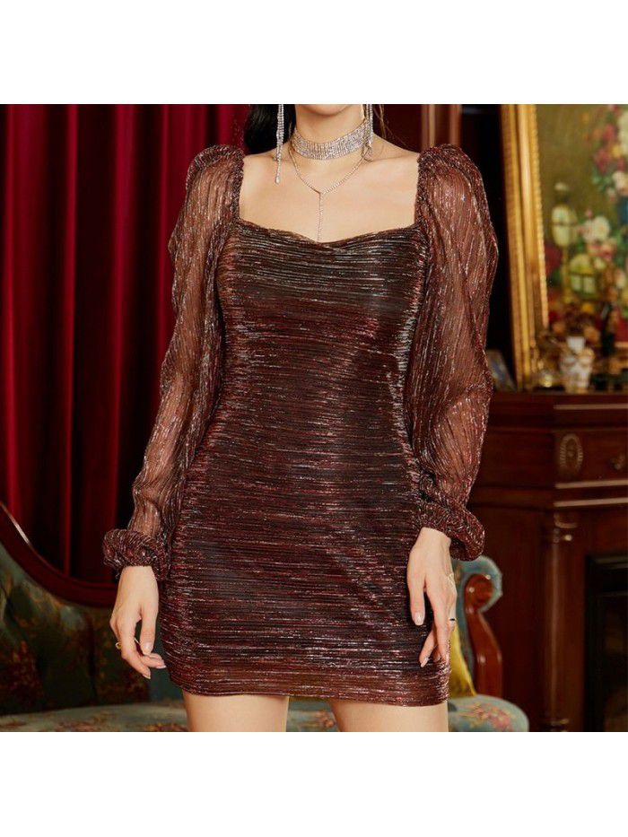 Bubble Sleeve Square Neck French Long Sleeve Slide Silk Celebrity Metal Wrap Hip Dress 