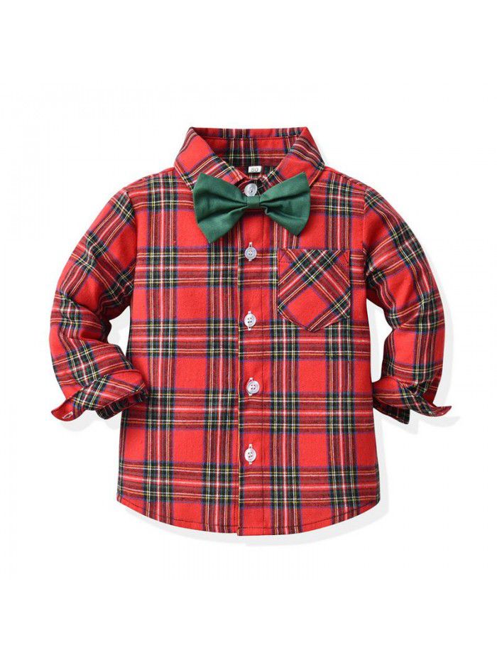 Clothing New Boys' Plaid Long Sleeve Polo Collar Cotton Cardigan Strap Pants Holiday Set Fashion Style 