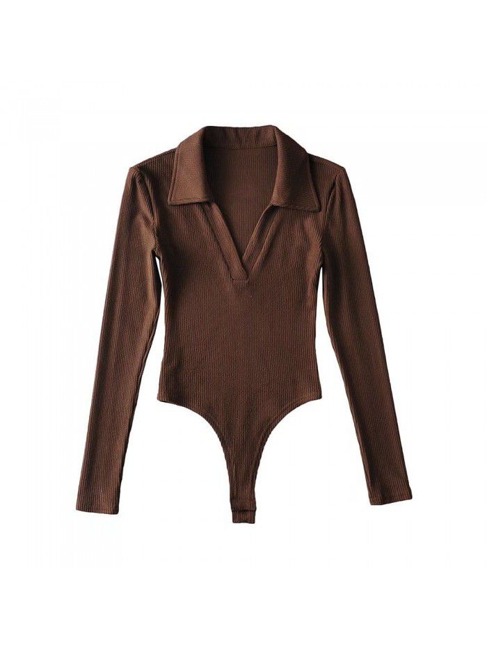 Deep V-neck long sleeved one piece women's autumn and winter polo collar slim fitting bottom T-shirt top 