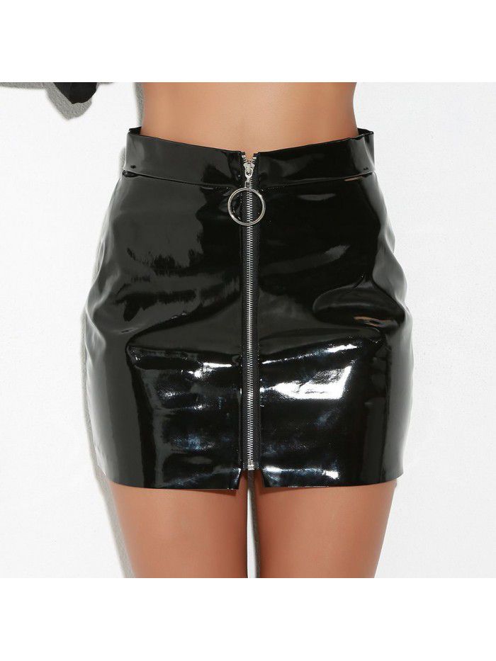 Circular Zipper Skirt High Quality Shiny Leather PU Slim Fit Skirt 