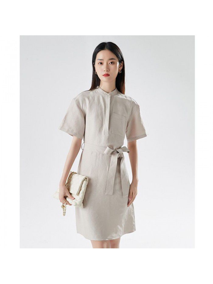 Spring New Women's Short Sleeve Design Feeling Waistband Round Neck Mid length Dress 