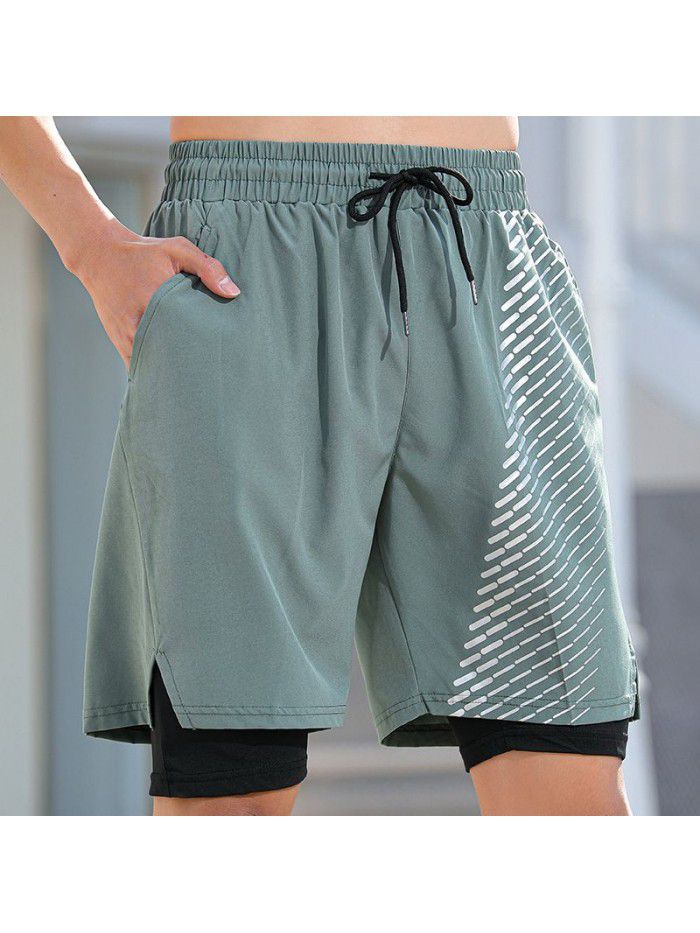 Fake Two Piece Double Layer Quick Drying Sports Shorts for Men's New Printed Breathable Split Running Fitness Capris 