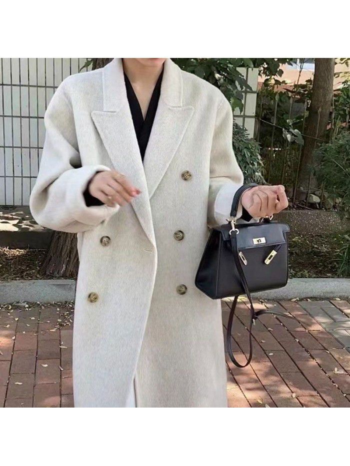 Autumn and winter women's extended high-end suit collar with double breasted wool coat temperament