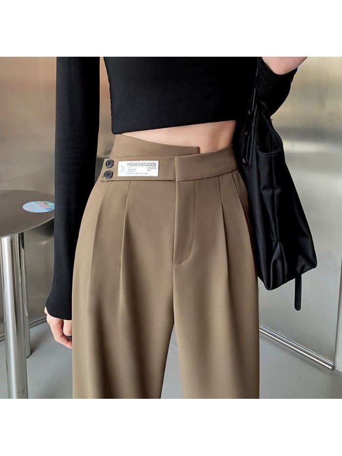 Khaki Wide Leg Pants Women's High Waist Drop Spring/Summer New Casual Relaxed Floor Sweeping Double Button Straight Sleeve Suit Pants 