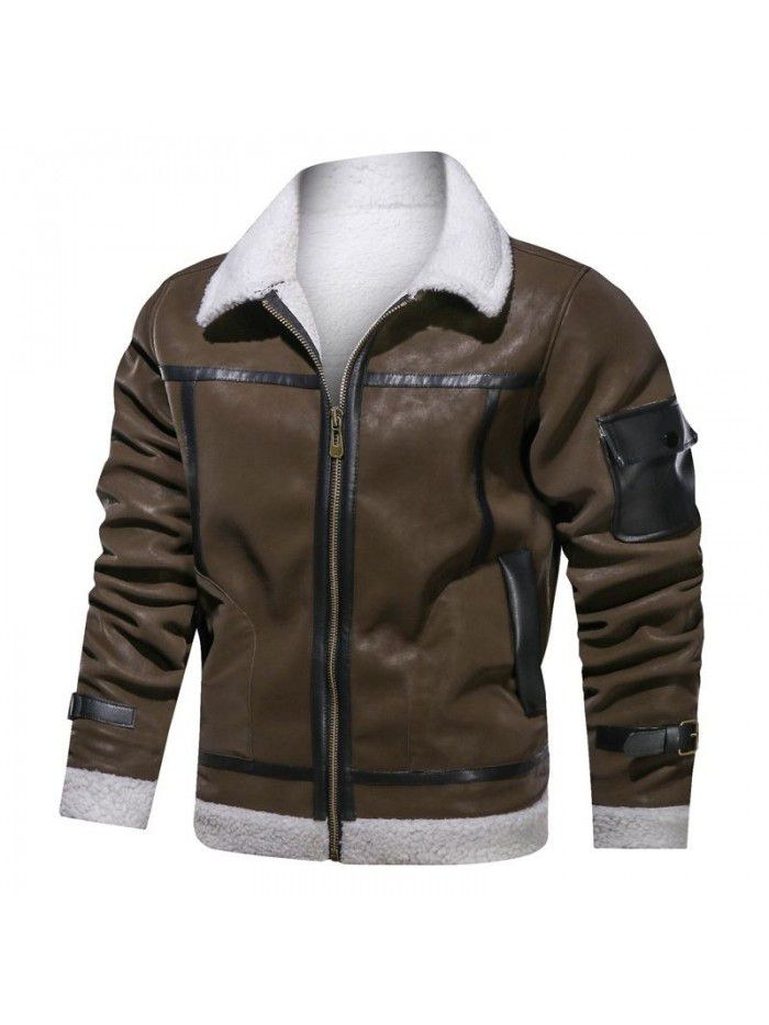 Flip collar plush leather jacket men's fur and fur integrated large leather jacket