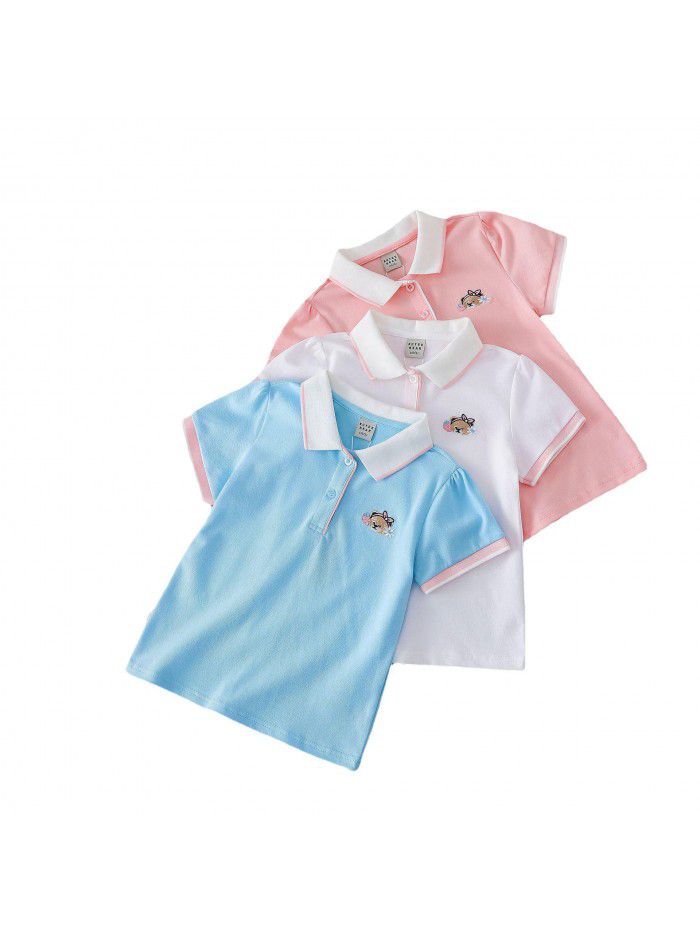 Girls' Short Sleeve T-shirt Polo Shirt Summer New Children's Top Pure Cotton Large Children's Wear Solid Color Underlay Shirt Thin 