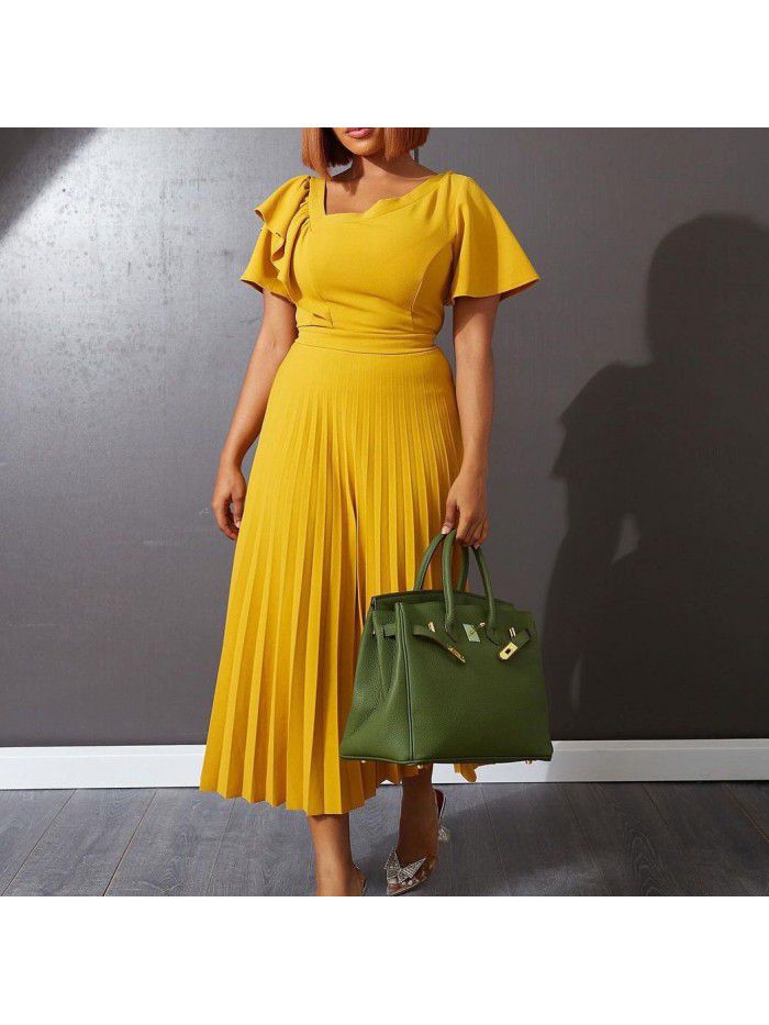 Summer New Style Style Waist Shrinking Show Thin Ruffle Edge Short Sleeve Pleated Dress