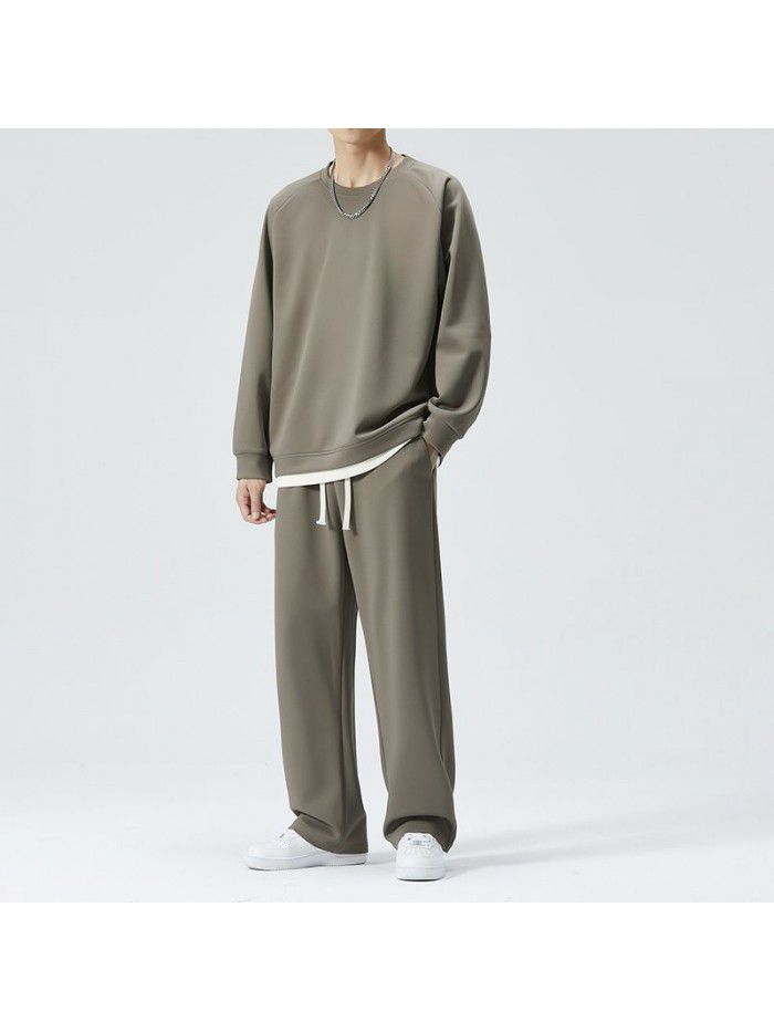 Spring and Autumn Leisure Sports Set Men's Loose Round Neck Sweater and Pants Two Piece Set for Daily Simple Homewear 