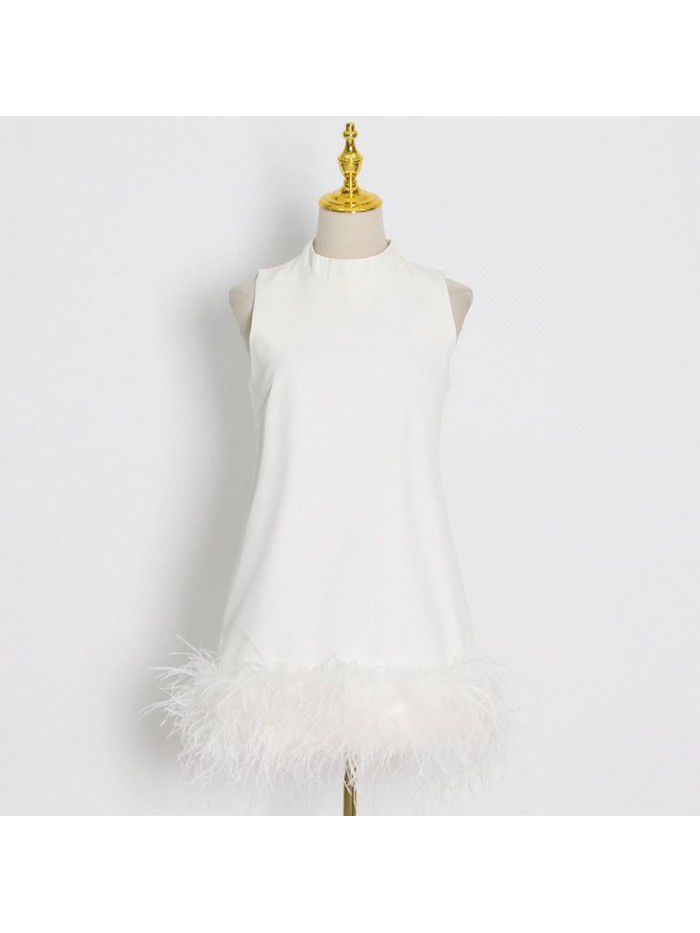 Autumn niche design feeling half high collar sleeveless solid color straight tube dress 