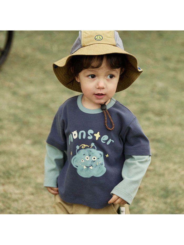 Autumn New Product Boys' T-shirt Children's Fake Two Piece Long Sleeve Inner Collar Colored Print Top Fashion 