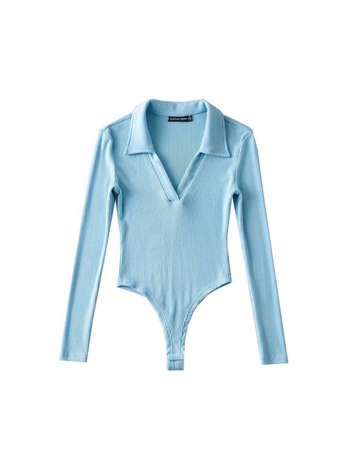 Deep V-neck long sleeved one piece women's autumn and winter polo collar slim fitting bottom T-shirt top 