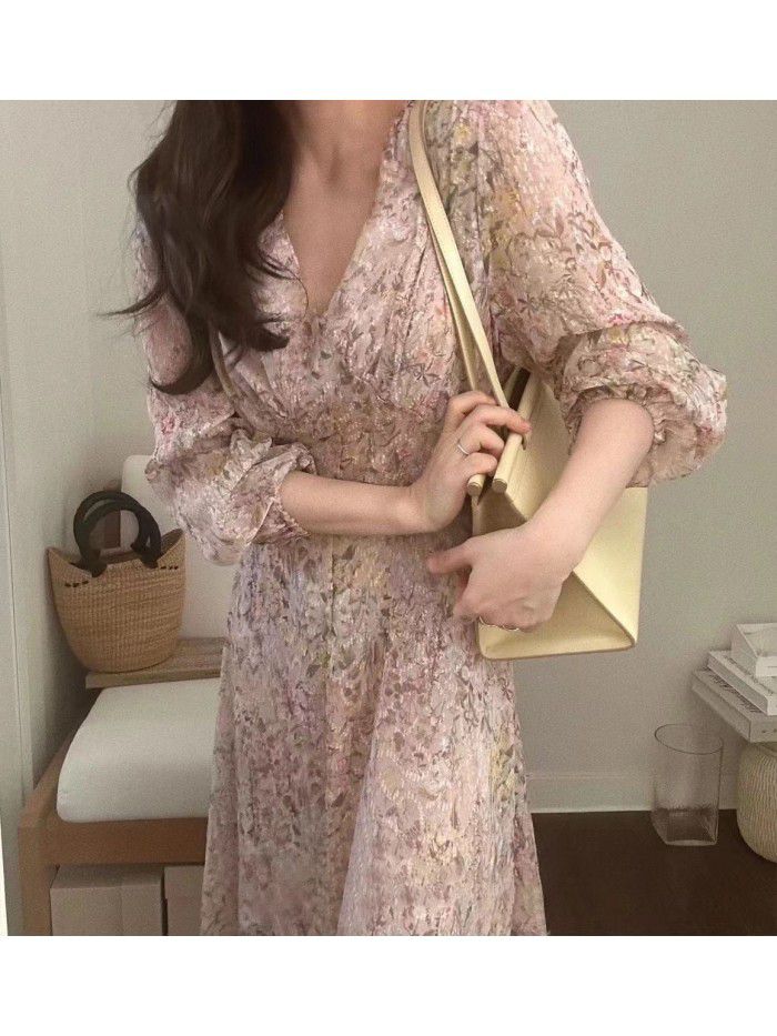Autumn New Style Gentle and Solid Fairy Fragmented V-neck Chiffon Dress Long Dress 