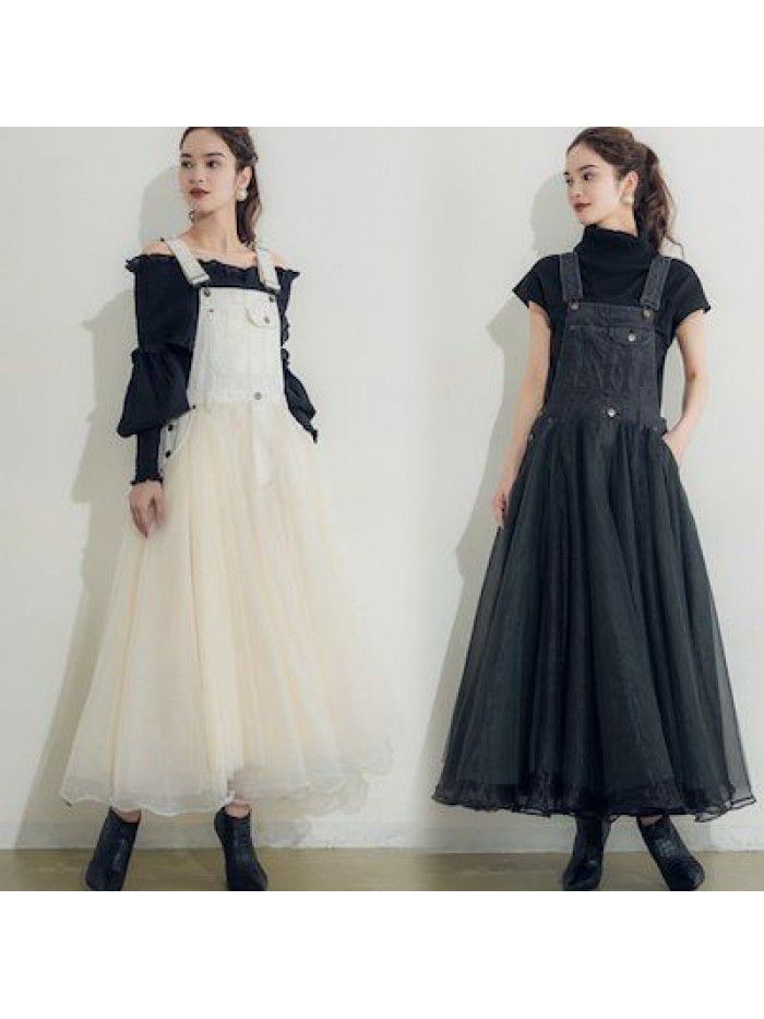 Autumn Strap Dress Japanese Spliced Mesh High Waist Dress Strap 