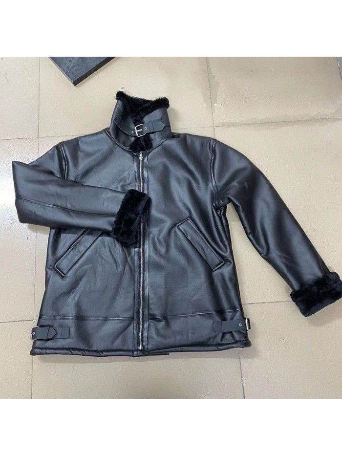 Faux leather winter jacket with integrated fur collar, medium length men's coat, heavy industry new product, zipper fur edge coat 