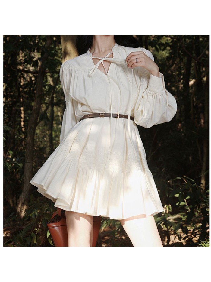 White V-neck dress for women's new early spring long sleeved tea break French haute couture dress summer 