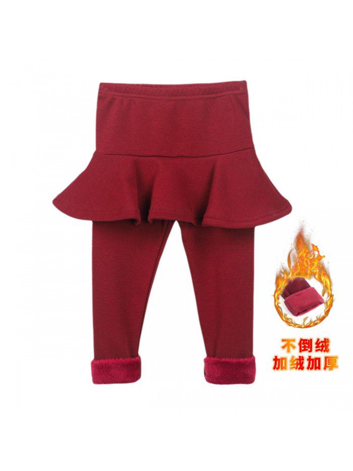 Fake two-piece leggings girls' skirt pants wear plush thickened children's thermal insulation trousers cotton in winter 