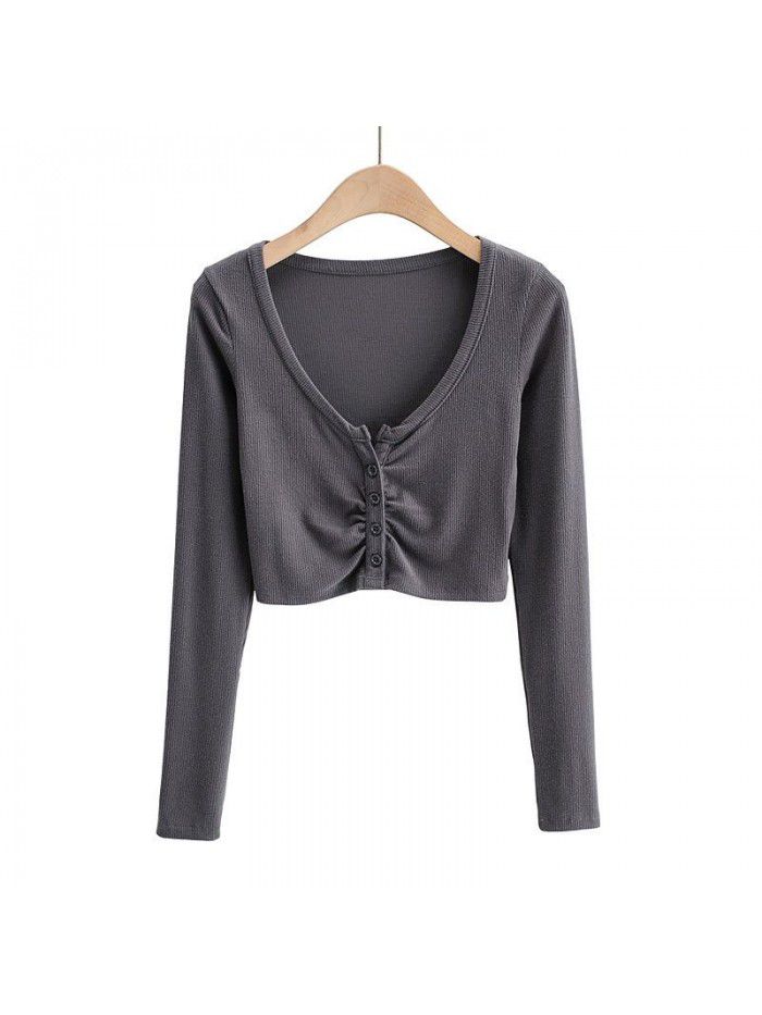 Autumn Spicy Girls Sexy Slim Fit Short Open Umbilical Pleated T-shirt Women's Tight Bottom Shirt Single breasted Top 