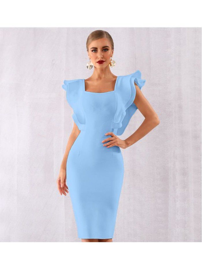 Summer Party Bandage Dress Sexy Ruffle Edge Butterfly Sleeve Tight Club Dress 