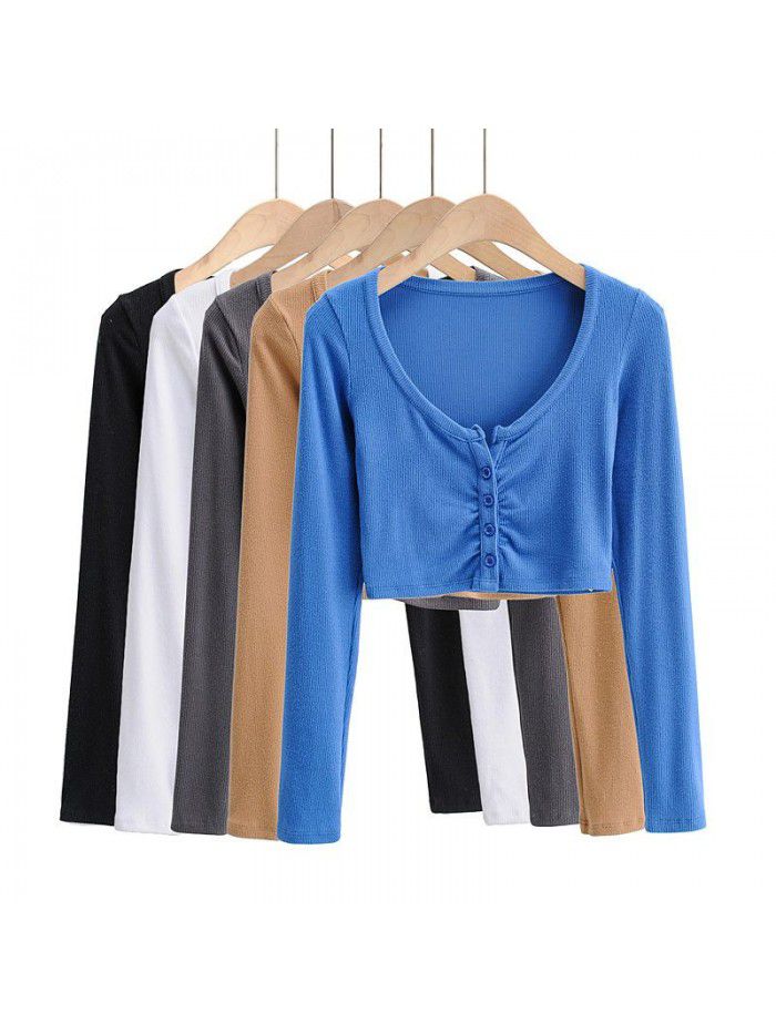 Autumn Spicy Girls Sexy Slim Fit Short Open Umbilical Pleated T-shirt Women's Tight Bottom Shirt Single breasted Top 