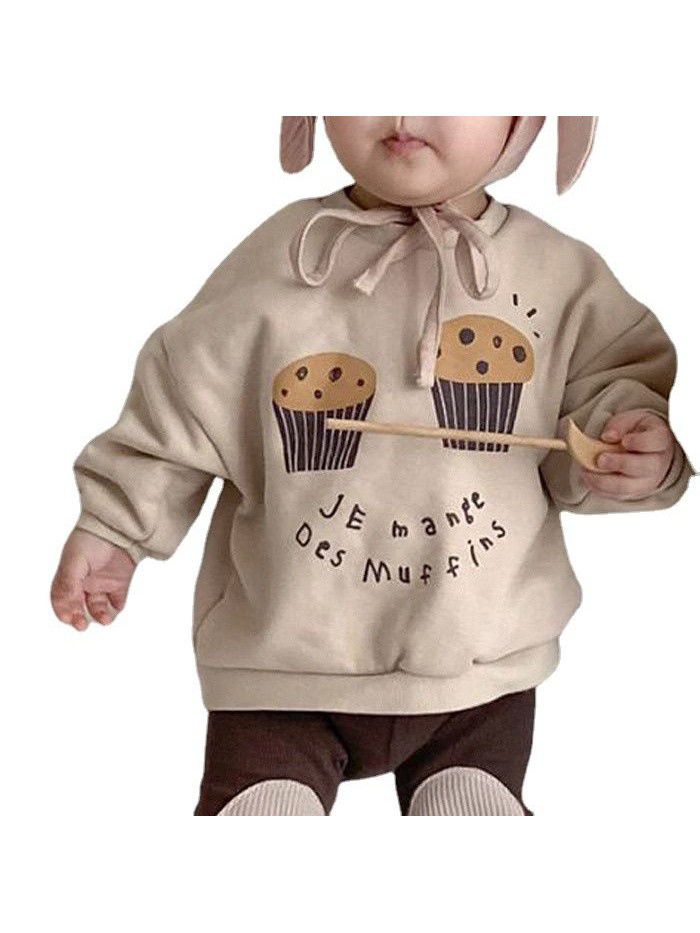 Spring Girls' Baby Fashionable Cartoon Cupcake Cute Split Children's Long Sleeve T-shirt 