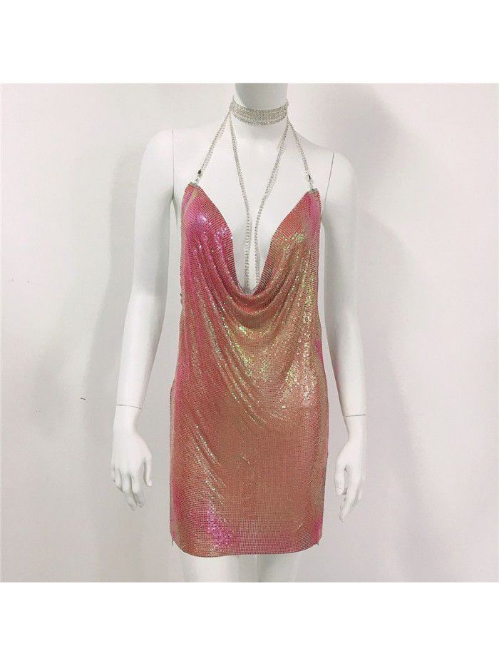 Women's Metal Sequin Dress Sexy Sweet Spicy Style Dress Water Diamond Sling Dress Women 