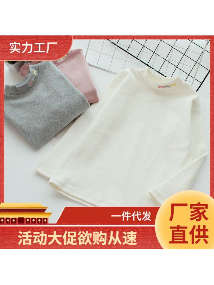 Children's cotton bottom shirt, girl's half-high neck T-shirt, medium and large children's versatility, autumn clothes, thick autumn and winter style 