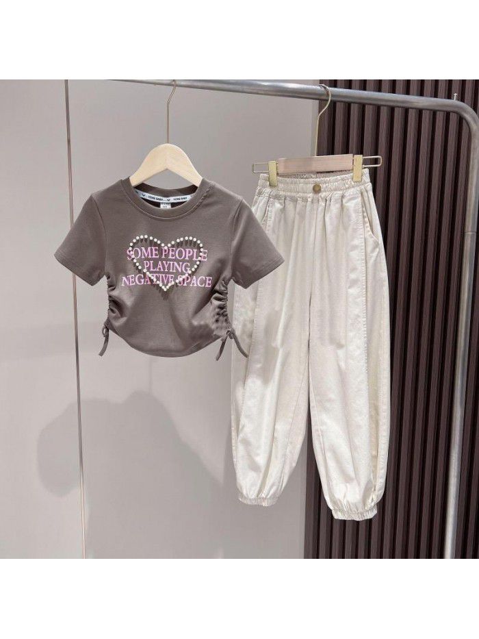  Two piece set of fashionable casual leggings for girls in summer, medium to large children's letter short sleeved girls