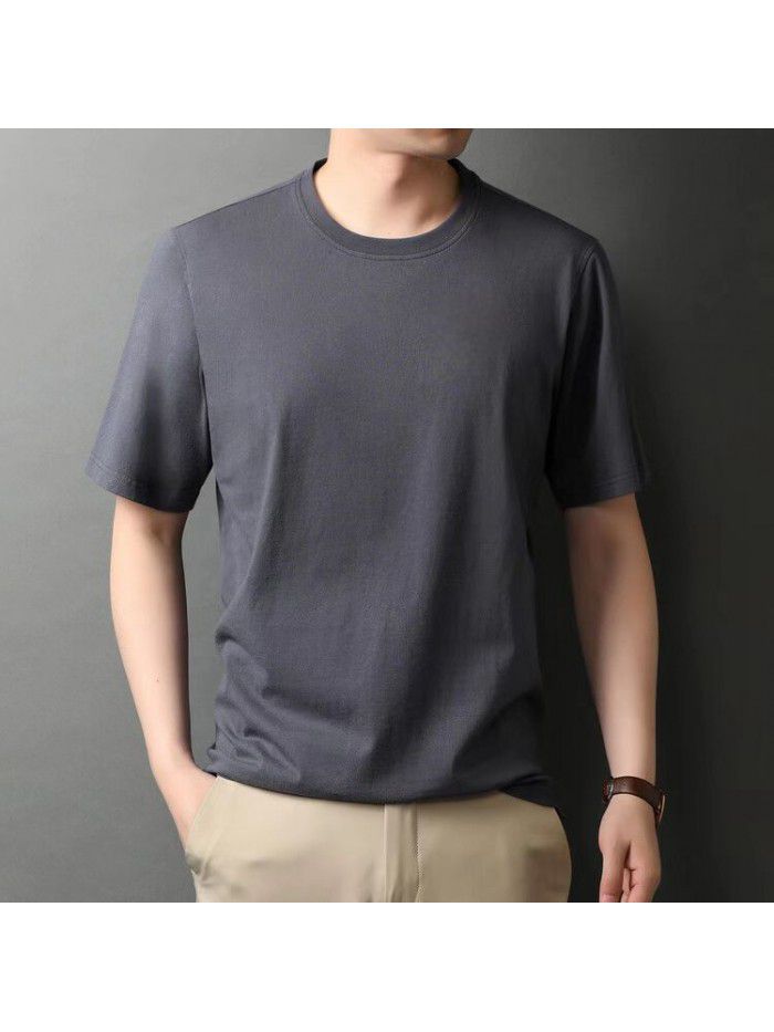 Short sleeved T-shirt for men, middle-aged and young, Korean casual fashion trend, solid color round neck pullover for men's T-shirt 