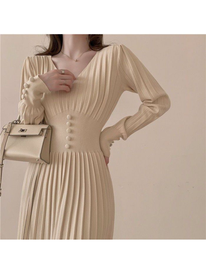 Early spring new v-neck medium-length knitted dress with thin temperament and large pleats in autumn and winter for women 